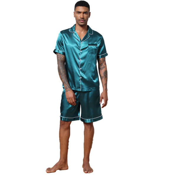 Menn Satin Pyjamas Sett 2 Deler Loungewear Knapp Ned Pjs Sett green S