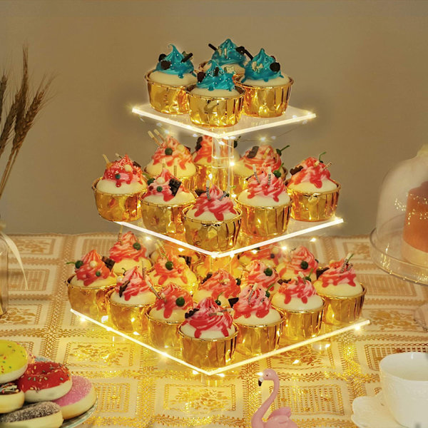 3-vånings Cupcakesställ i Akryl med LED-belysning för Födelsedagar och Bröllop yellow