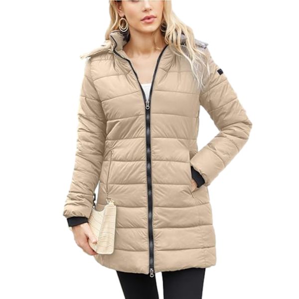 Dame Lang Pufferjakke med Hætte - Letvægts og Varmt Thermolite Khaki XL