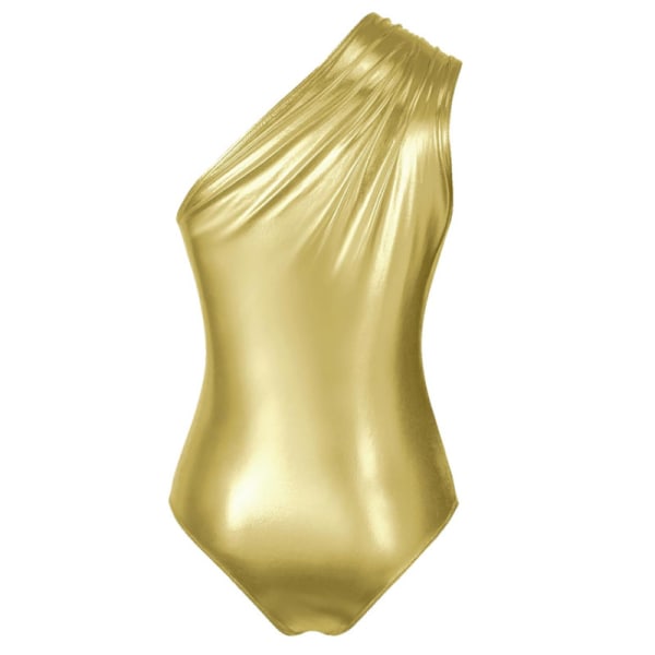 Kvindes Metallic Flydende Enkeltdelt Bodysuit En-Skulder Leotard Top Gold S