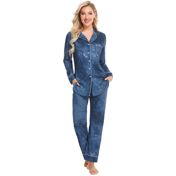 Pyjamas Set för Kvinnor, Långärmad, Knappar, Nattkläder, Bomull, Pj-Set Blue S