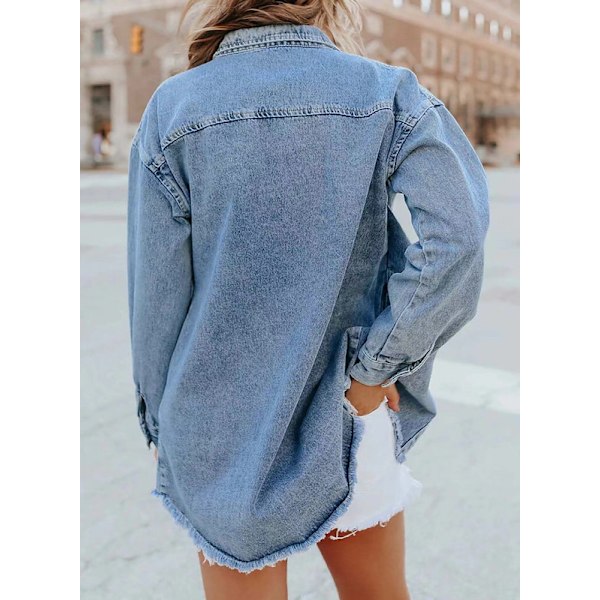 Oversized Denimjakke for Kvinner, Avslappet Lang Boyfriend Distressed Jeans Skjorte Dark Blue M