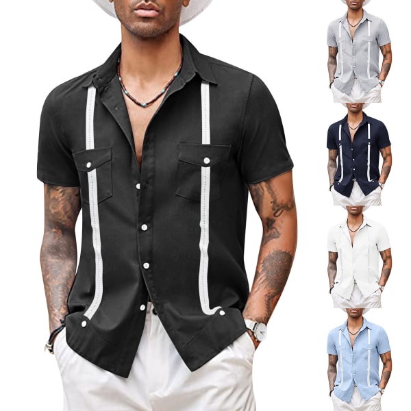 Mænds Kortærmet Cuban Guayabera Skjorte, Afslappet Strand Knappeskjortes BLACK S