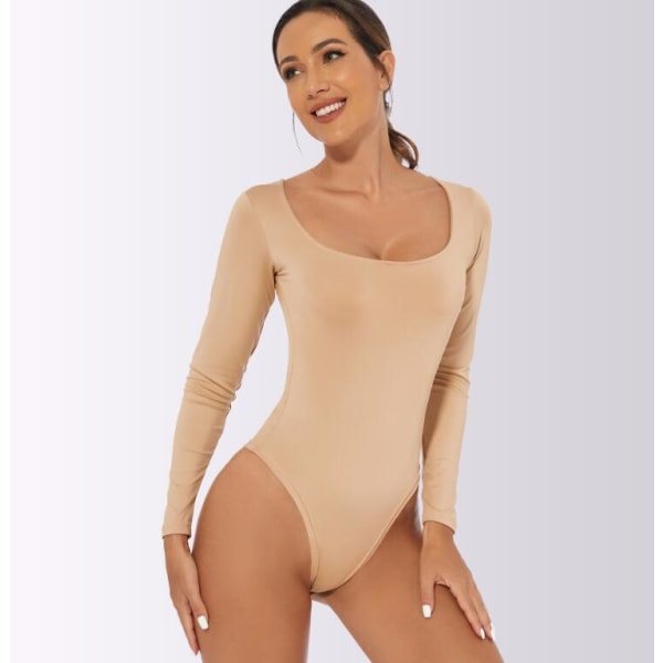Slimmad långärmad jumpsuit för kvinnor med rund hals Almond 2XL