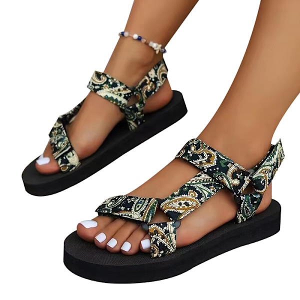 Sommar Sandaler med Platt Sula för Damer, Platform Låg Klack, Strand Sandaler Green 41