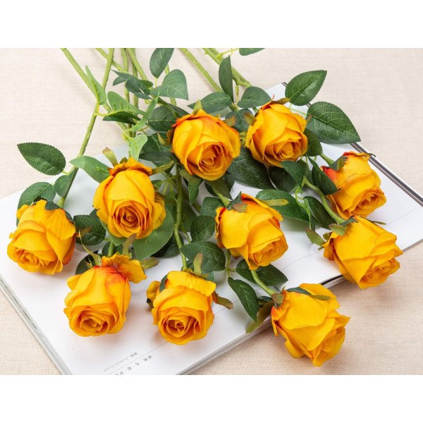 10 stk Kunstige Rose Blomster Lange Stilk Falske Silke Roser Dark Yellow