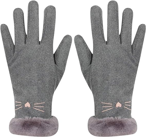 Dame Suede Handsker Søde Kat Fleeceforet Varme Handsker Grey