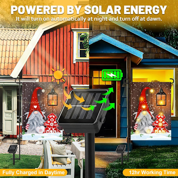 Joulupukki-tonttu pellavainen puutarhalippu valoilla - Aurinkokenno LED-lippu Style 3