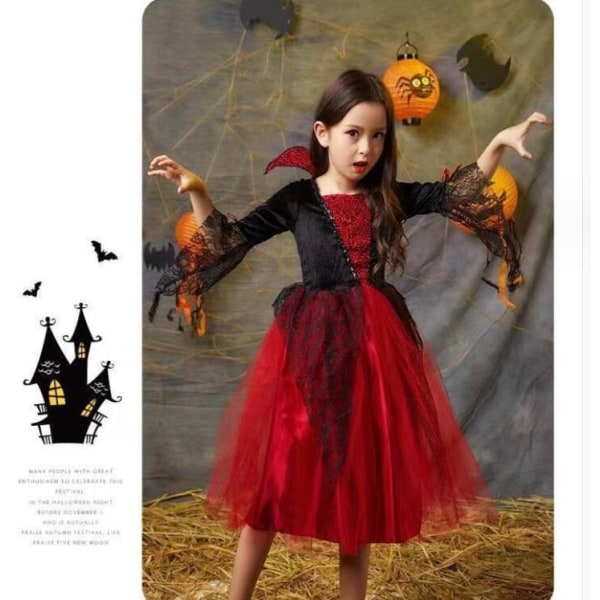 Barn Halloween Vampyr-Hekse Kostume Med Hovedbeklædning Girl 130CM