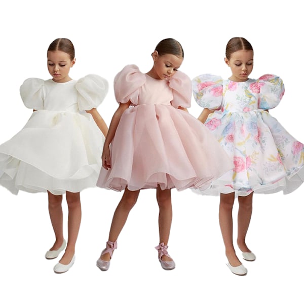 Tyttöjen Puhvihihainen Tyllihame Pyörähdys Babydoll Levenevä Juhlapuku Prinsessamekko White Pink 100cm