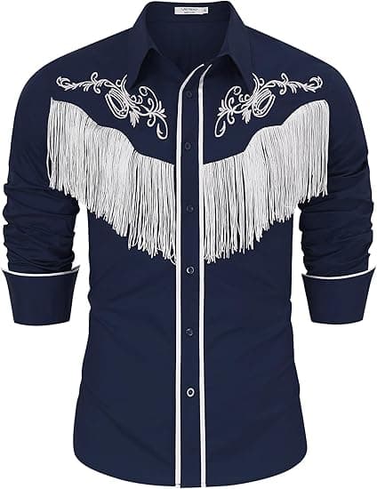 Långärmad herrskjorta med broderade fransar Blue L