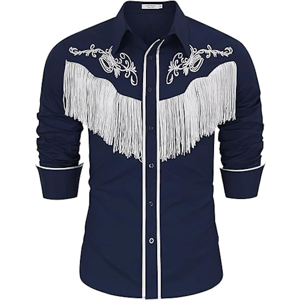 Langermet skjorte for menn med brodert frynse Blue M