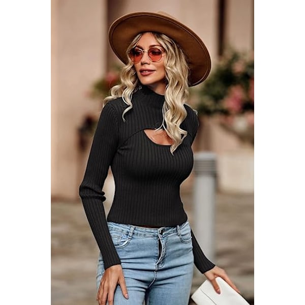 Dam 2-delad Utskuret Topp Långärmad Mock Neck Ribbstickad Vintertröja Black M