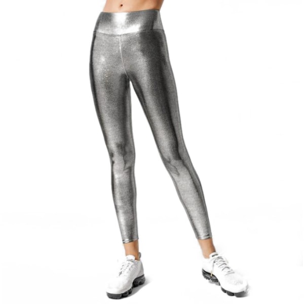 Metallic Leggings för kvinnor Glänsande byxor med hög midja Leggings silver L