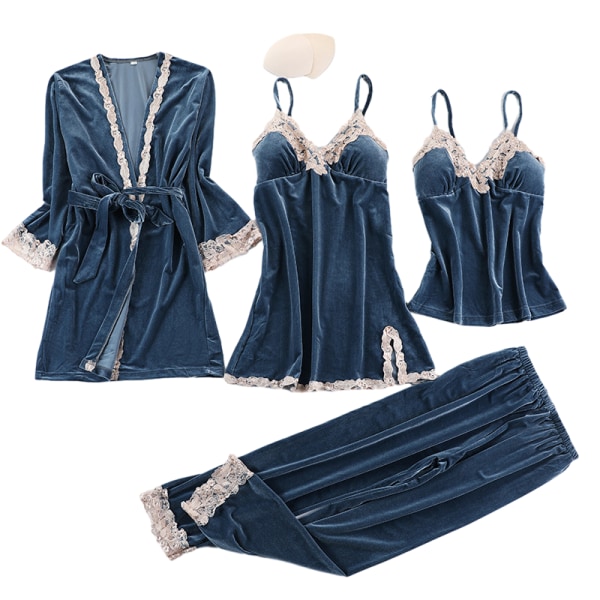 Damernas Sammetspyjamas Set 4-delars Lingeri Blommig Spets Cami Nattkläder med Kappan 2XL