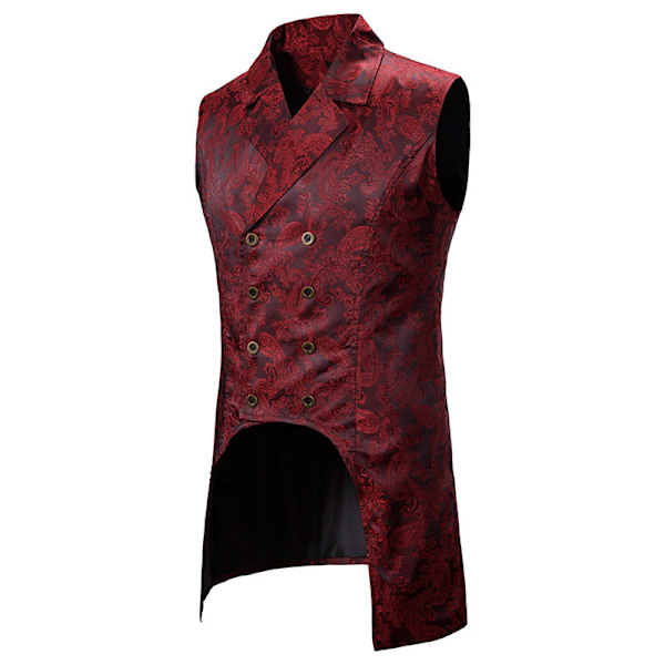 Herre Gothic Steampunk Dobbeltbrystet Jacquard Brokade Vest Veste Ærmeløs Frakke Red 2XL