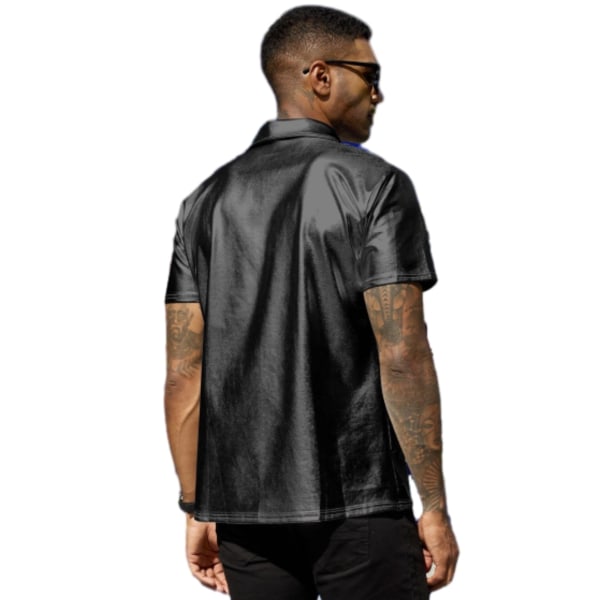 Sommarskjortor herr Kortärmade glänsande metalliska skjortor black XXL