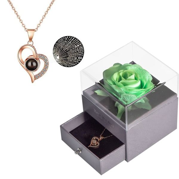 Bevarad äkta ros med I Love You-halsband på 100 språk Green