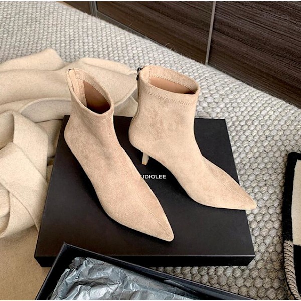 Naisten Teräväkärkiset Nilkkurit Seksikäs Korkea Korko Suede-Kantapäät Beige 39