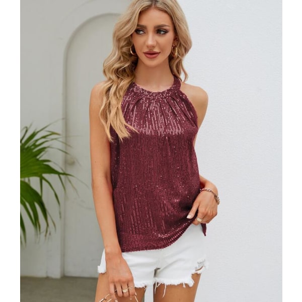 Kvindes Sequin Camisole Festlig Ærmeløs Skjorte Burgundy L