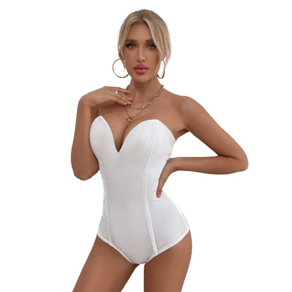 Kvinders V-hals Sexy Fløjls Strapless Bodysuit Jumpsuit Sød Hjerteformet Dyb White M