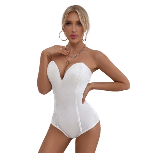 Kvinders V-hals Sexy Fløjls Strapless Bodysuit Jumpsuit Sød Hjerteformet Dyb White S