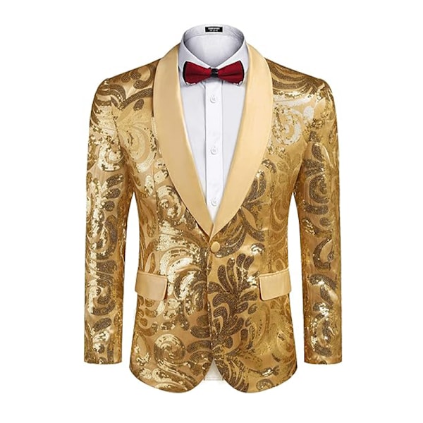 Menners Sequin Blazer Glitrende Glitterjakke Skinnende Blomsterdressjakke Gold 3XL