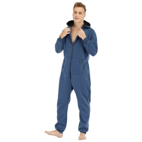 Varm fleece pyjamas med huva för män Blue M