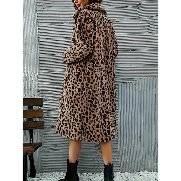 Leopardmönstrad fleecejacka för dam, lång och fluffig vinterjacka M