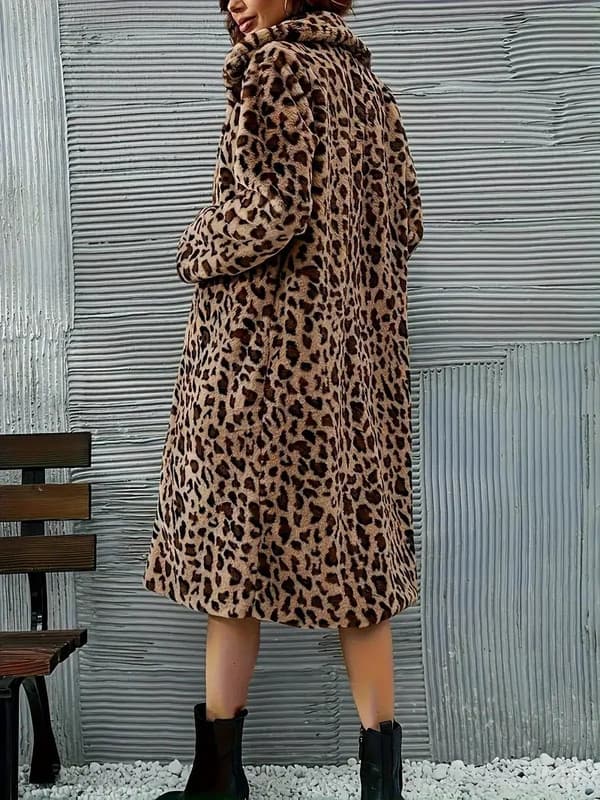 Leopardmönstrad fleecejacka för dam, lång och fluffig vinterjacka S