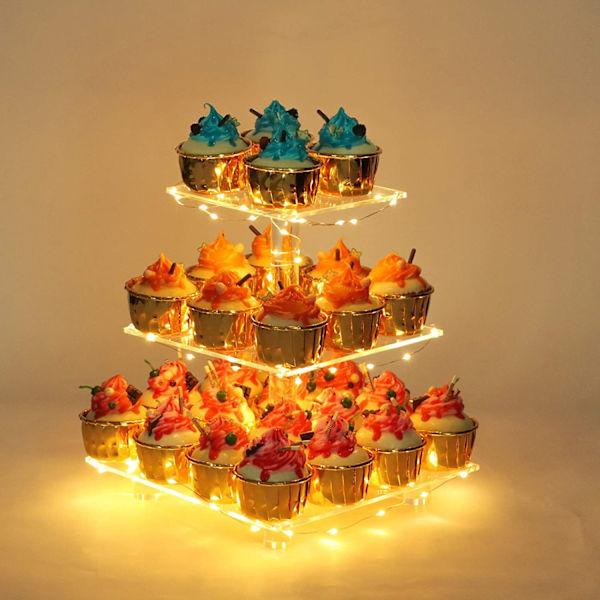 3-etagers Cupcake Stativ Akryl Tårn Display med LED Lys til Fødselsdag Bryllupper yellow