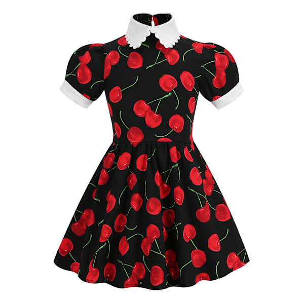 Flickor Kortärmad Vintage Blommigt Tryck 50-tals Polka Dot Swingklänning black 130cm