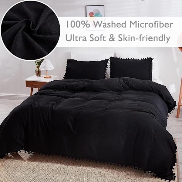 Bomullsöverdrag med Pompom- fransar, 3-delat Bohemiskt Mikrofiberset Black Twin-168*228cm