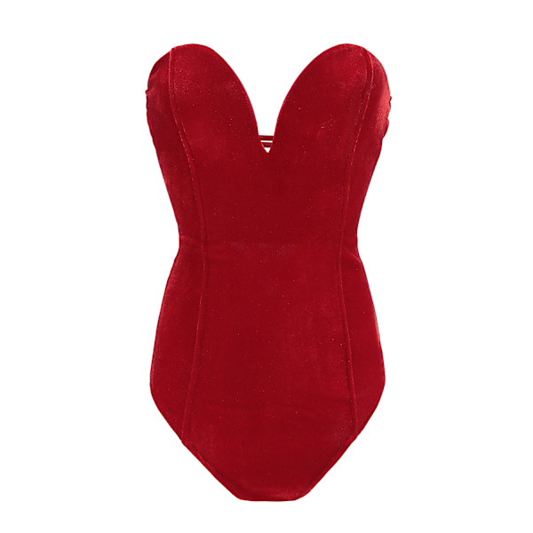 Kvinders V-hals Sexy Fløjls Strapless Bodysuit Jumpsuit Sød Hjerteformet Dyb Red XS