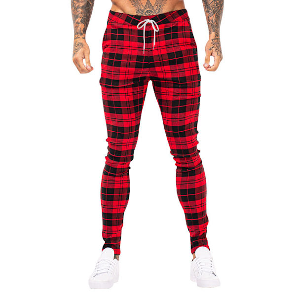 Mænds Chino Bukser Skinny Fit Plaid Stilfulde Casual Business Dress Bukser Red 2XL