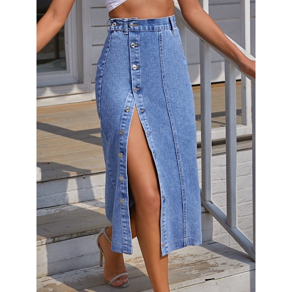 Dam Casual Slitsad Denim Midi Jeanskjol baby blue M