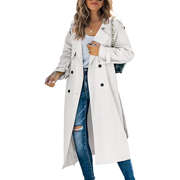 Kvinnors Dubbelknäppt Lång Trenchcoat, Vindtät Klassisk Krage Slank Överrock WHITE S