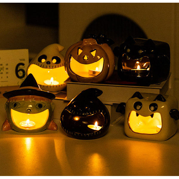 Halloween Spöklykta Ornament Keramisk Spök Ljusstake Ghost Head Black