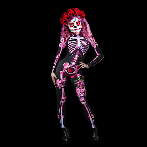 Dam Halloween Party Kostym Skalle Print Långärmad Jumpsuit Outfit Kid-Pink 120cm