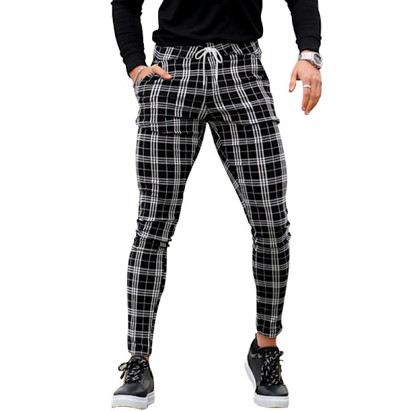 Mænds Chino Bukser Skinny Fit Plaid Stilfulde Casual Business Dress Bukser Black L
