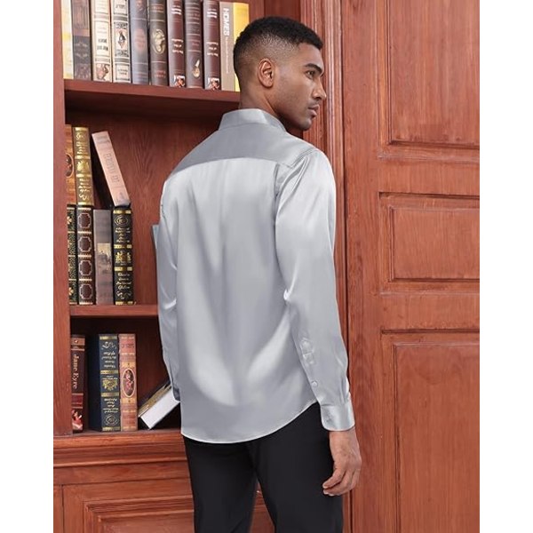 Långärmade klänningskjortor i sidensatin för män Glänsande Casual Button Down-skjorta Sliver L