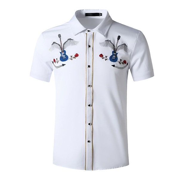 Herre Western Skjorte Korte Ermer Slim Fit Broderte Casual Skjorte white L