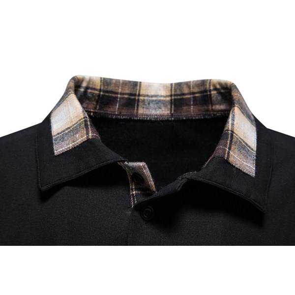 Långärmad rutig lapptröja för män Lapel Casual Shirt Black M