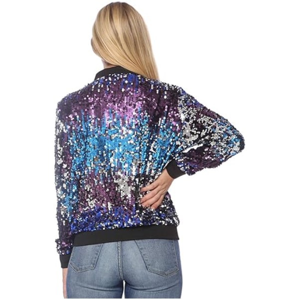 Kvinners Sequin Fitted Lang Ermet Glidelås Blazer Bomberjakke Blue L