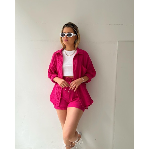 Dam 2-delad byxa set Linne Shirtort set Rose M