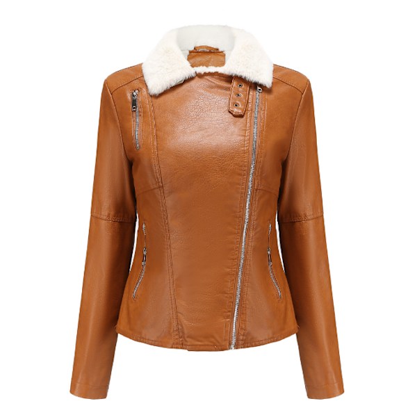 Kvinnors dragkedja Casual PU-läder cropped jacka Camel M