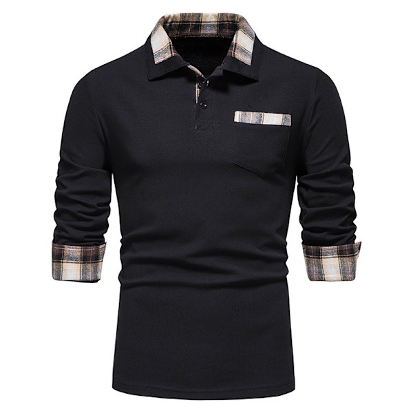 Herrar Långärmad Rutig Patchwork Lapel Casual Skjorta Black L