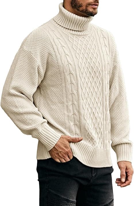 Hettegenser for menn, kabelstrikket vintergenser Beige L