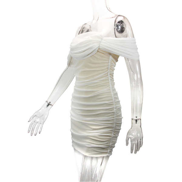 Kvindes Mini Rynket Bodycon Kjole Off Shoulder Ærmeløs Cocktail Party Kort Tilpasset Kjole white S