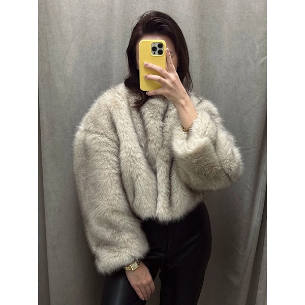 Vinterjakke for kvinner i kunstig pels, lang ermet, avkortet Apricot 2XL
